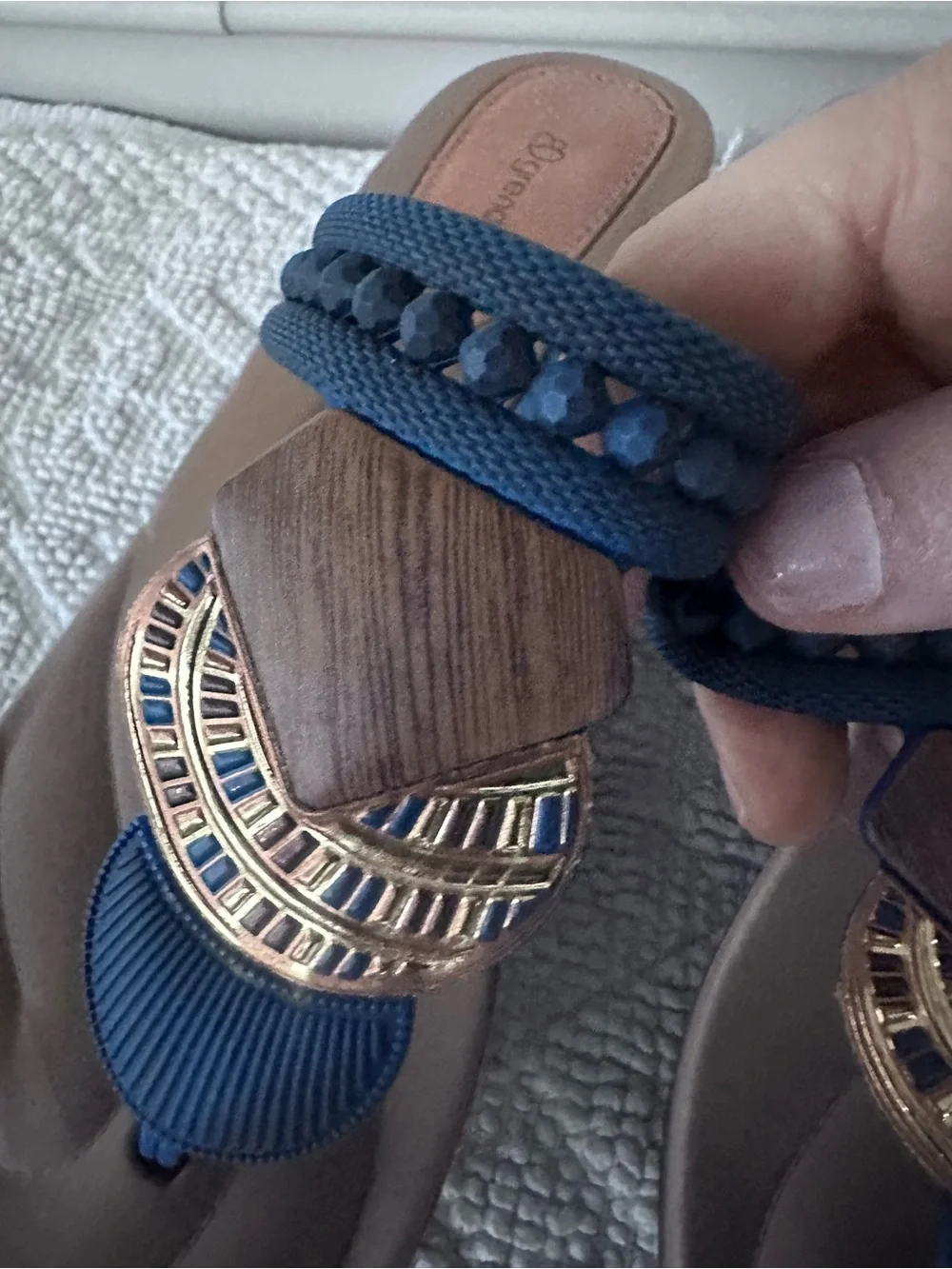 Grendha Wedge Thong Sandals in Navy and Tan with Decorative Accents